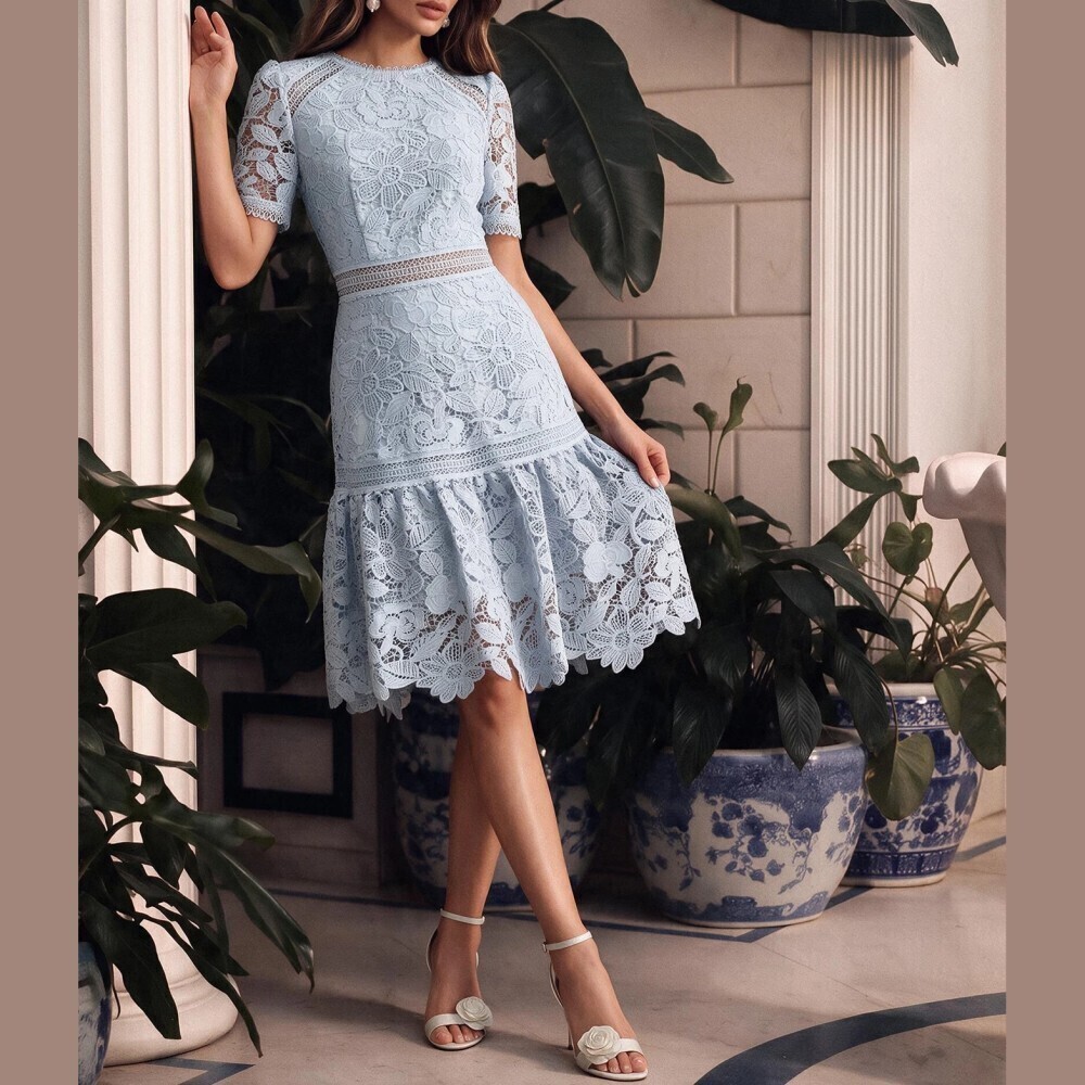 Sky Blue Floral Lace Scalloped Ruffle Hem Short Sleeve Knee Length Midi Dress